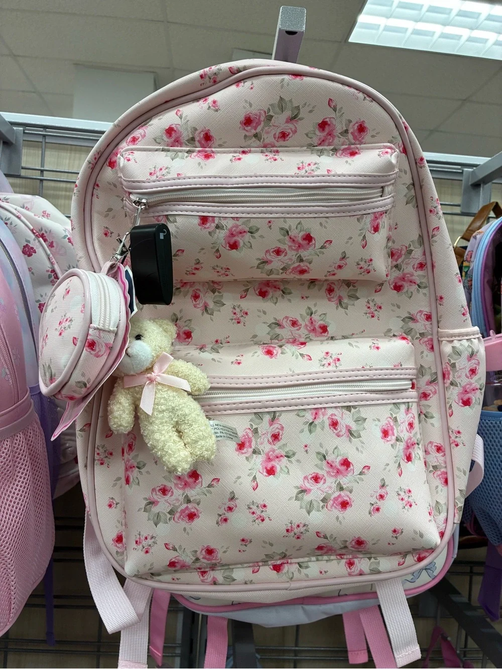 Pink Floral Kids Backpack with Teddy Charm Pouch